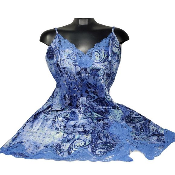 Blue & silver paisley silky CHEMISE slip Medium petite - Picture 1 of 9